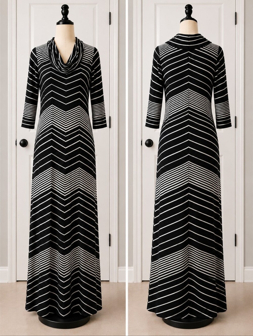 Black & White Striped Cowl Neck Maxi Dress